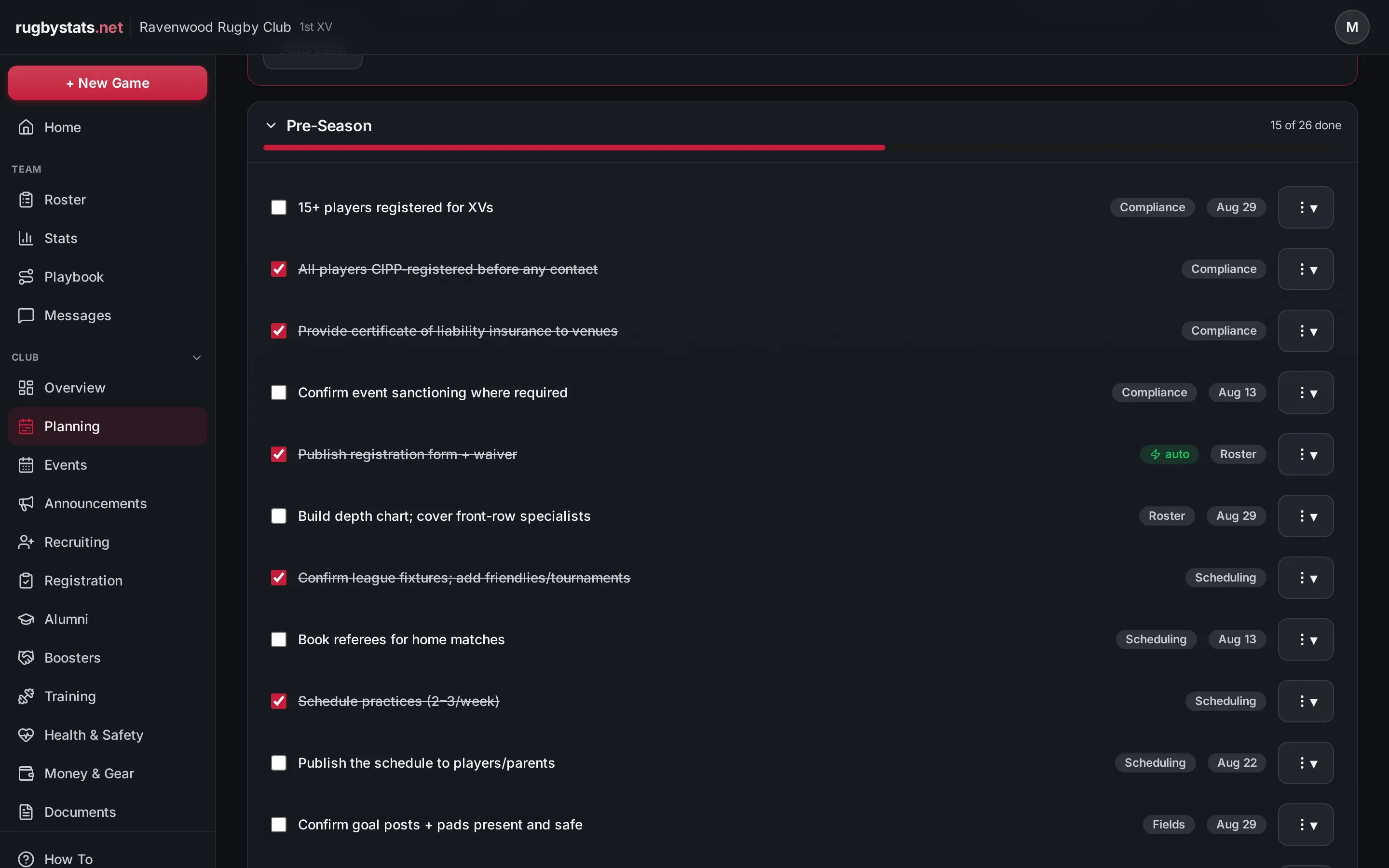 The RugbyStats Season Planner checklist with phase progress and auto-completed items